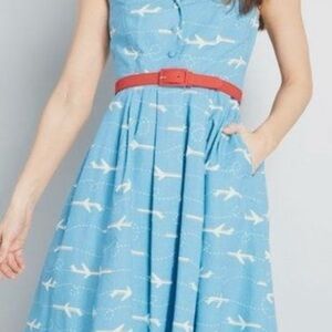 NEW ModCloth Its An Inspired Taste Airplane Shirt Dress Sz 10 Blue Belted Retro